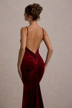 Adele | Berry Velvet Ruched Strappy Fishtail Maxi Dress  Gemma Chic