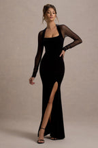 Apres | Black Velvet Bodycon Split Maxi Dress With Sheer Sleeves  Gemma Chic