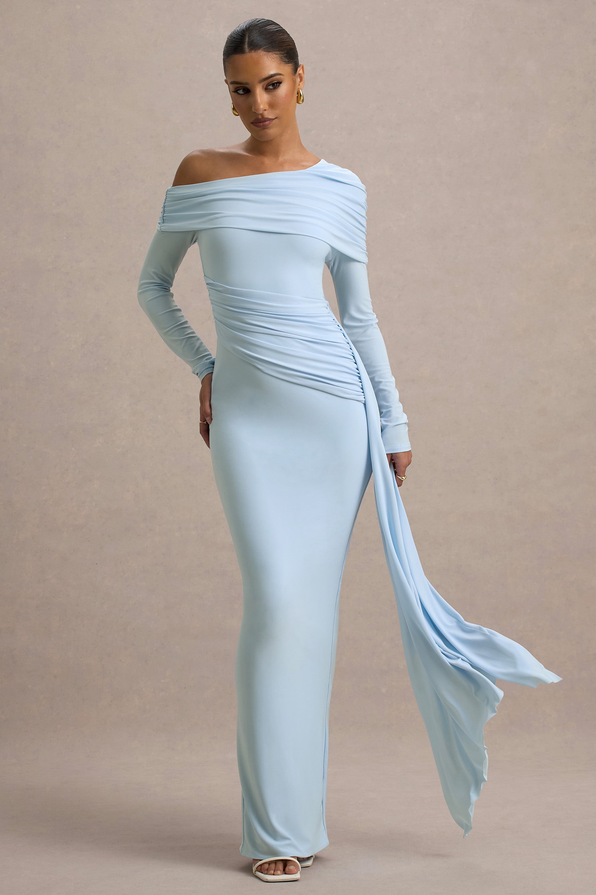 Valina | Powder Blue Ruched Asymmetric Maxi Dress With Drape  Gemma Chic