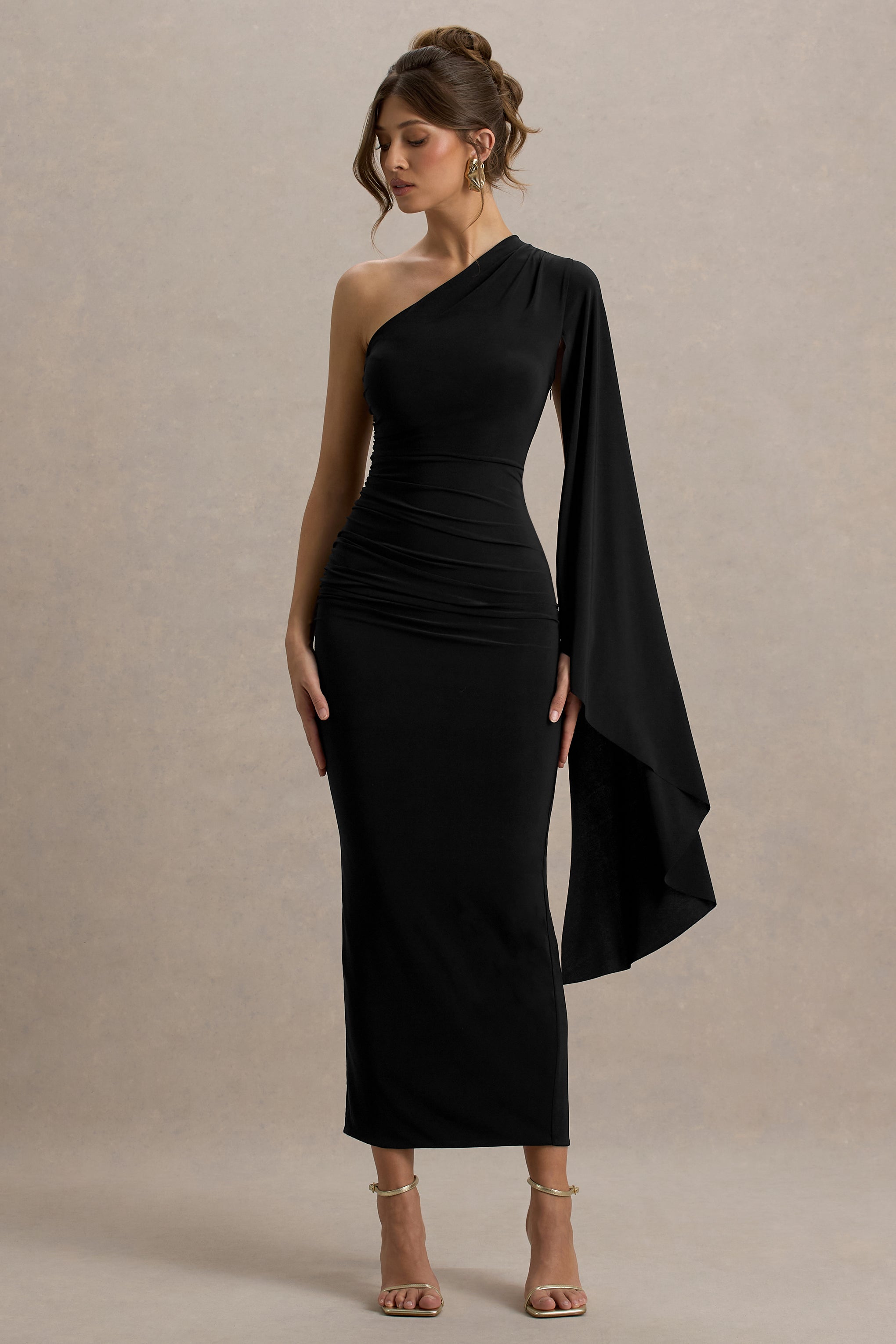 Clementina | Black Asymmetric Cape Sleeve Maxi Dress  Gemma Chic