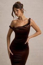 Neeka | Brown Velvet Twisted Asymmetric Maxi Dress  Gemma Chic