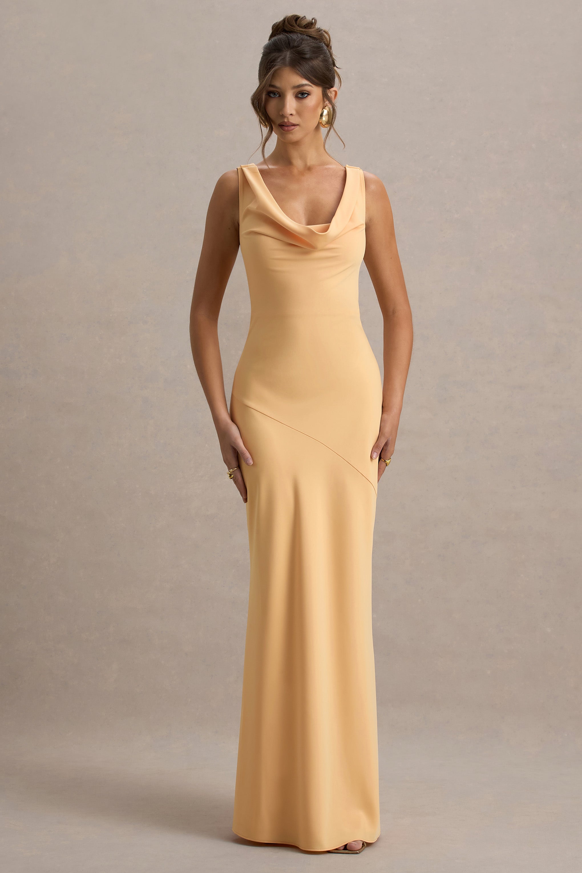 Alesso | Peach Satin Cowl-Neck Maxi Dress  Gemma Chic