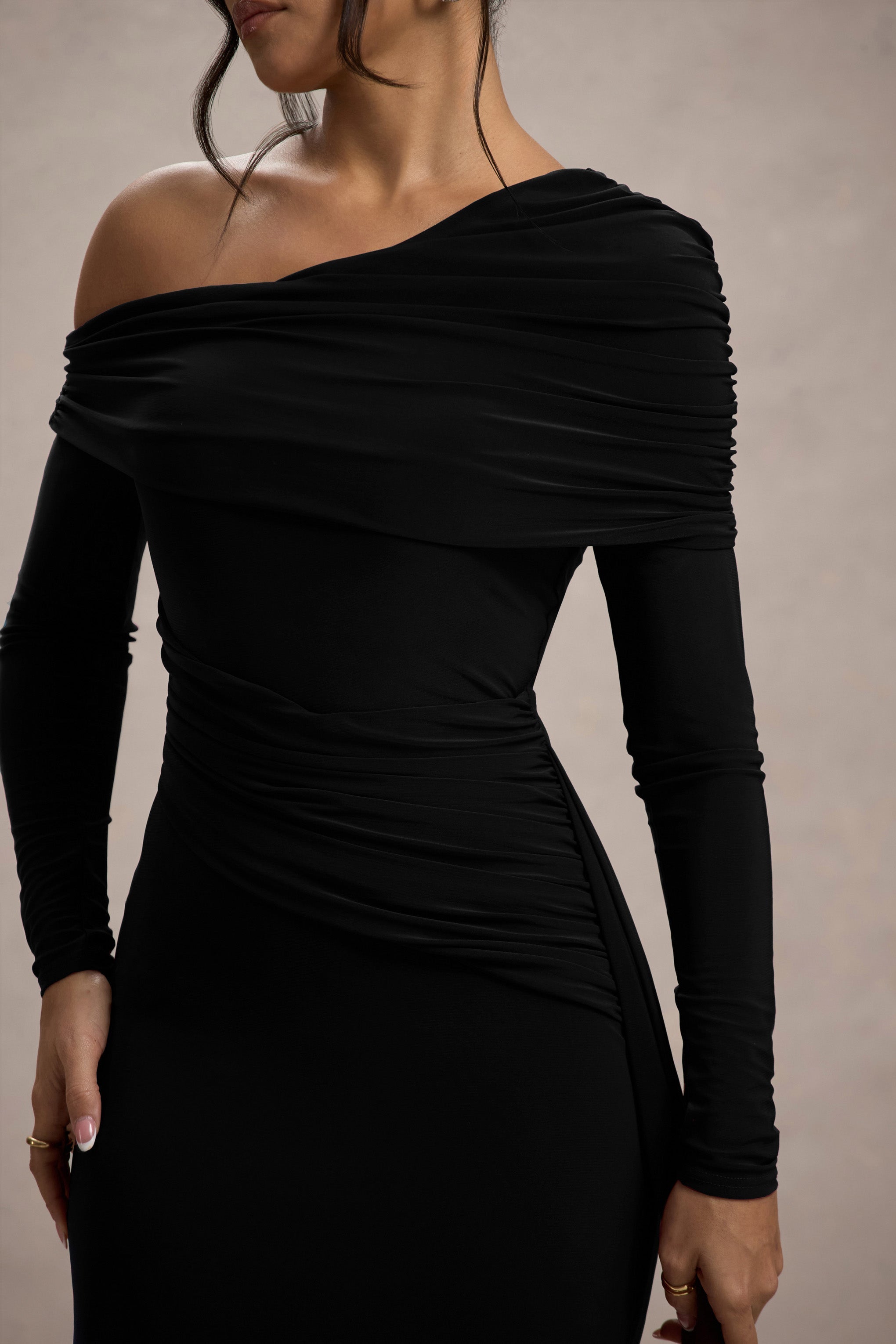 Valina | Black Ruched Asymmetric Maxi Dress With Drape  Gemma Chic