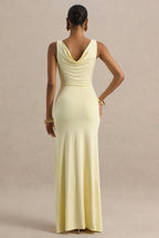 Pure Affection | Pale Lemon Cowl-Neck Maxi Dress With Ruched Detailing And Front High Split  Gemma Chic