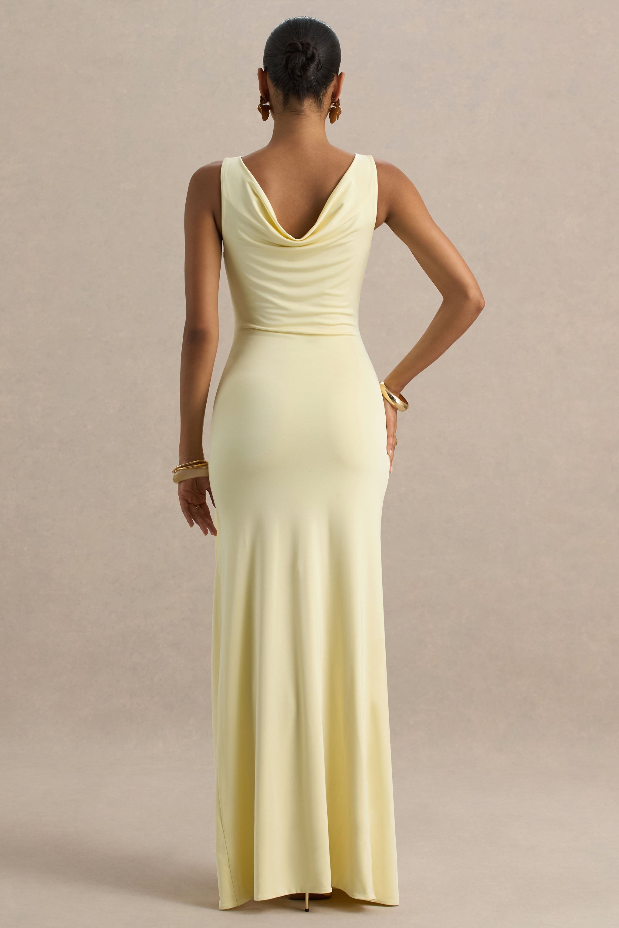 Pure Affection | Pale Lemon Cowl-Neck Maxi Dress With Ruched Detailing And Front High Split  Gemma Chic
