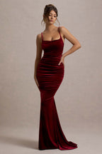Adele | Berry Velvet Ruched Strappy Fishtail Maxi Dress  Gemma Chic