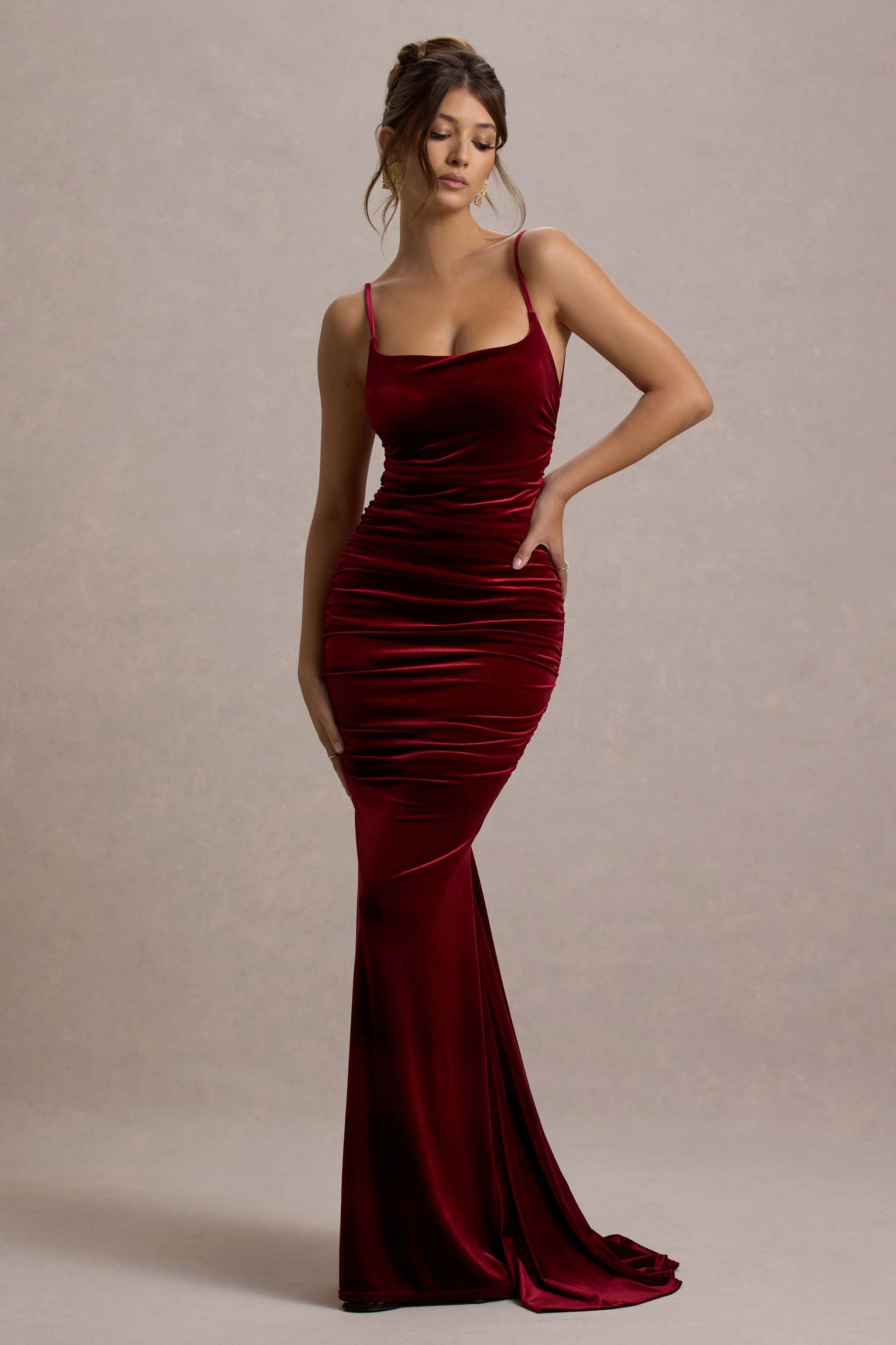 Adele | Berry Velvet Ruched Strappy Fishtail Maxi Dress  Gemma Chic