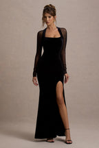 Apres | Black Velvet Bodycon Split Maxi Dress With Sheer Sleeves  Gemma Chic