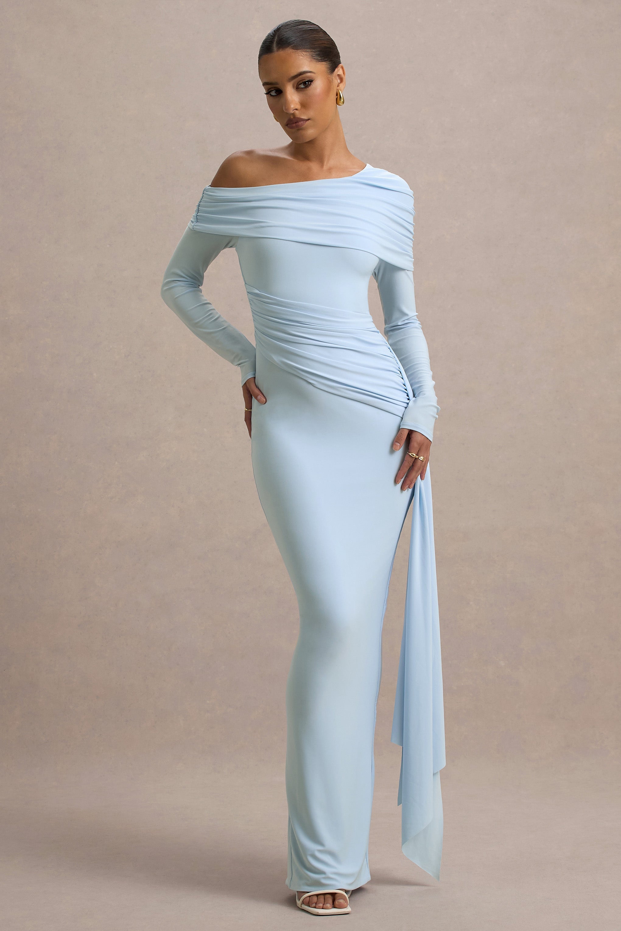 Valina | Powder Blue Ruched Asymmetric Maxi Dress With Drape  Gemma Chic