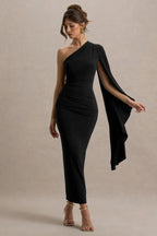 Clementina | Black Asymmetric Cape Sleeve Maxi Dress  Gemma Chic
