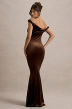 Neeka | Brown Velvet Twisted Asymmetric Maxi Dress  Gemma Chic