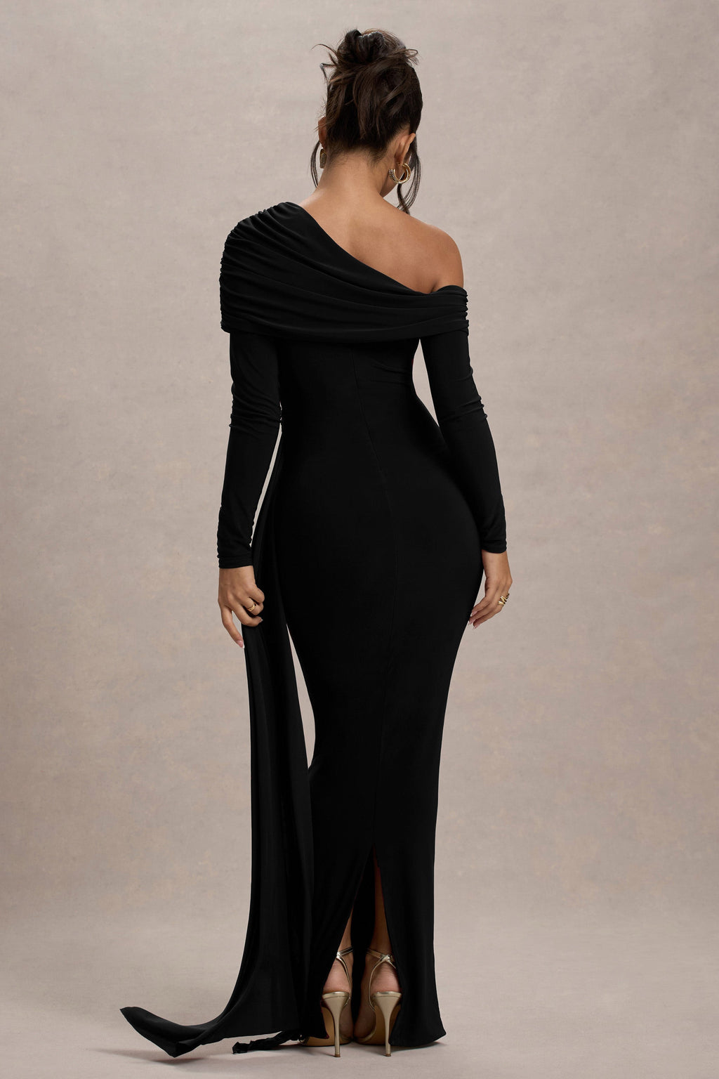 Valina | Black Ruched Asymmetric Maxi Dress With Drape  Gemma Chic