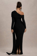 Valina | Black Ruched Asymmetric Maxi Dress With Drape  Gemma Chic