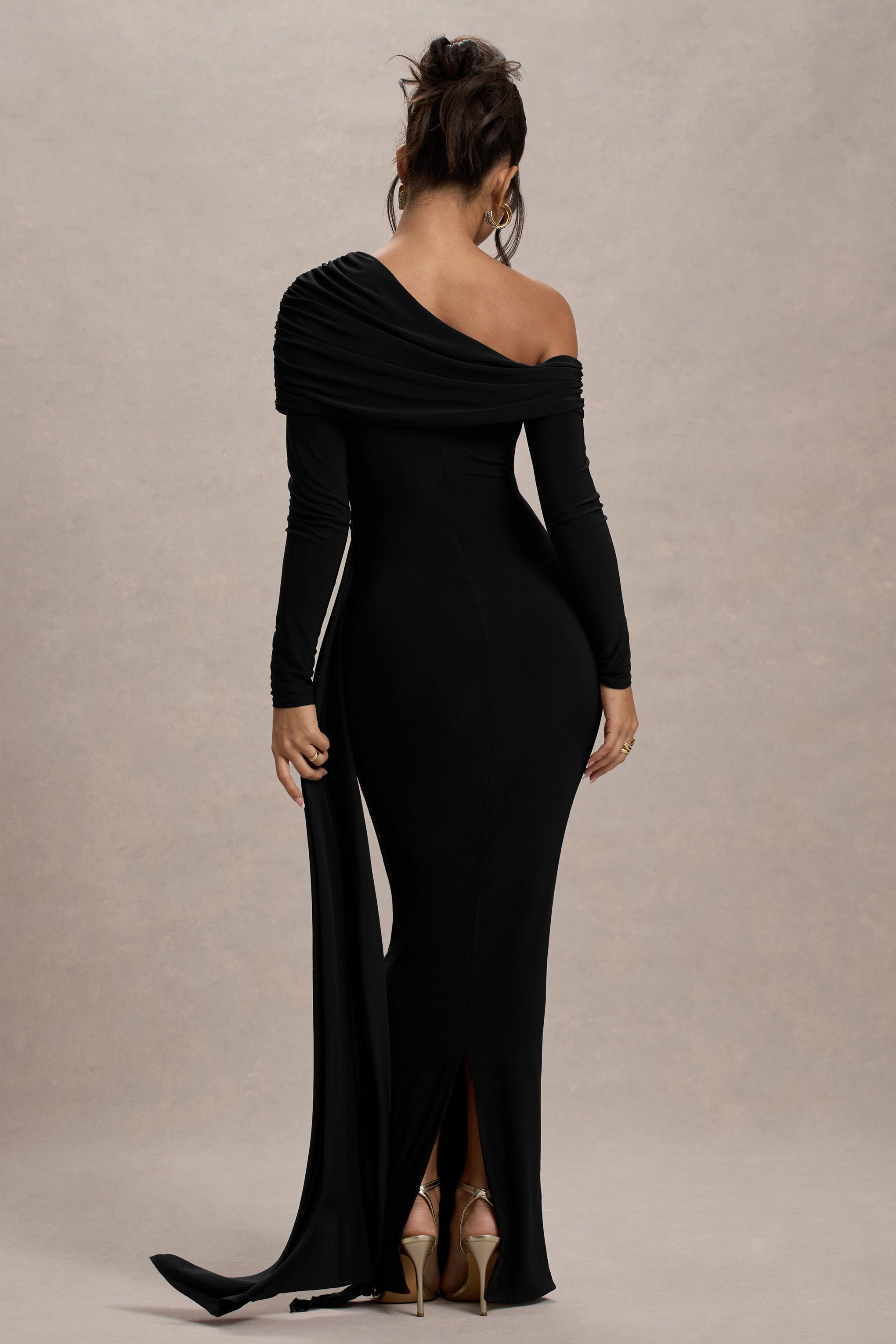 Valina | Black Ruched Asymmetric Maxi Dress With Drape  Gemma Chic