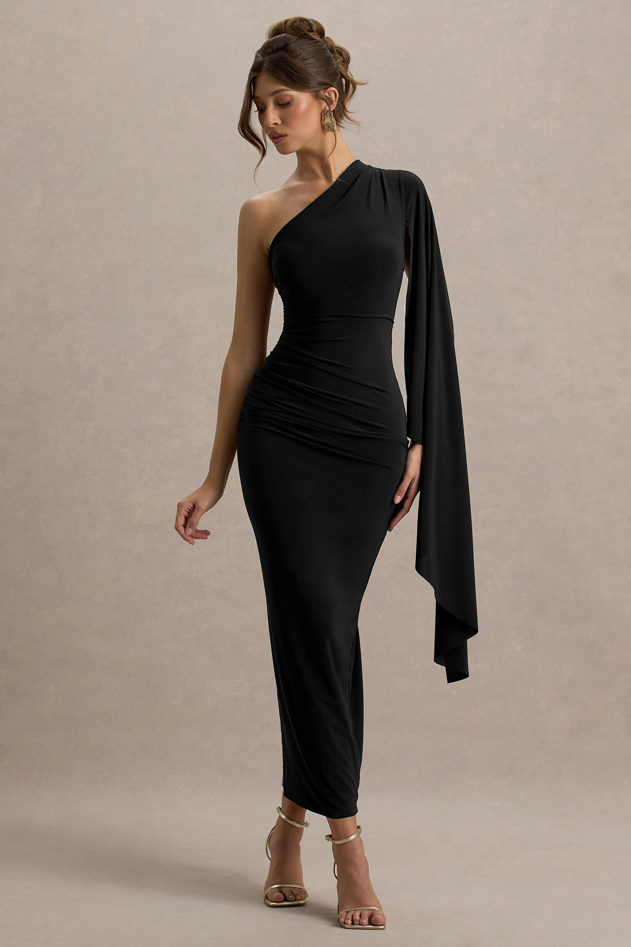 Clementina | Black Asymmetric Cape Sleeve Maxi Dress  Gemma Chic