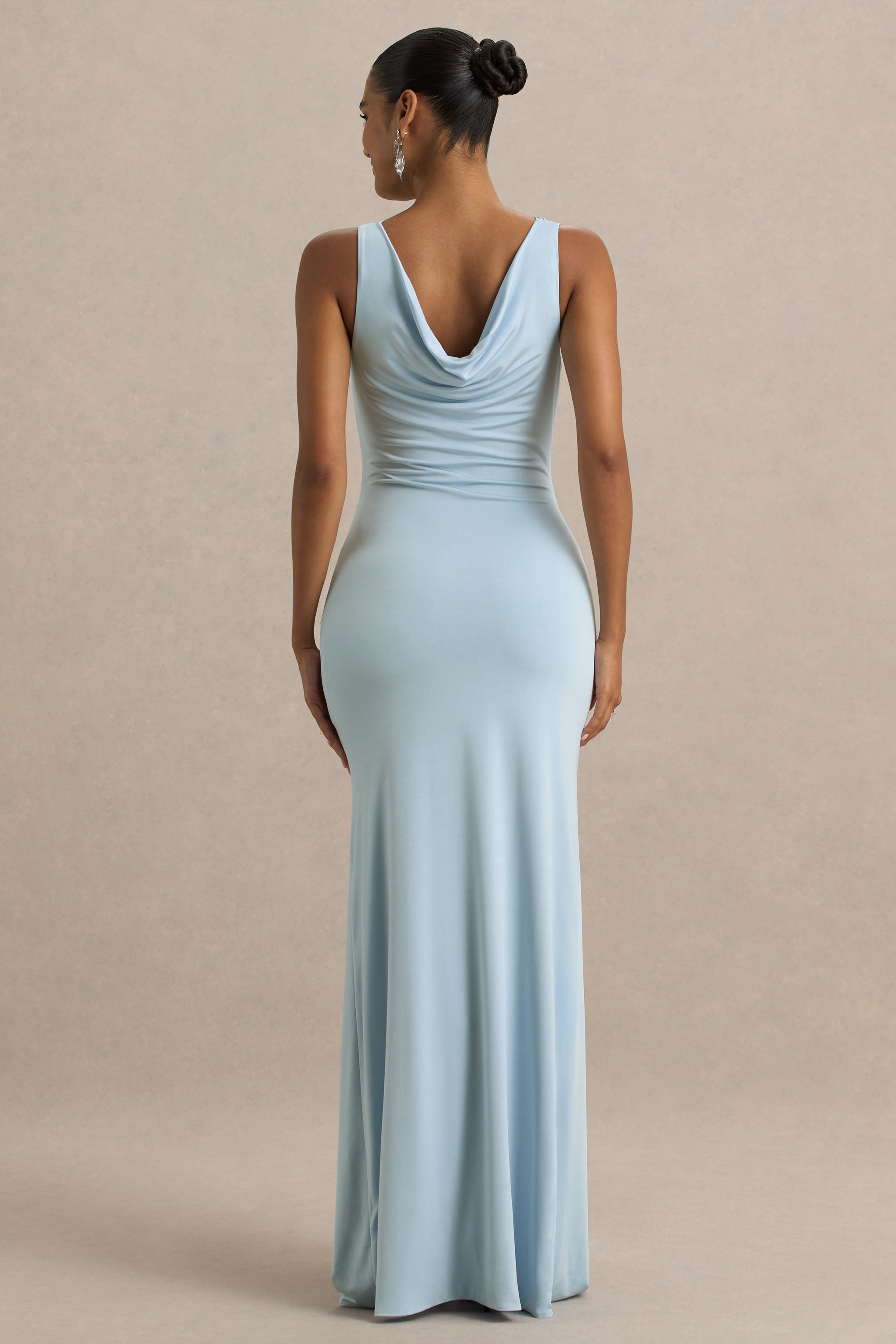 Pure Affection | Powder Blue Cowl-Neck Maxi Dress With Ruched Detailing And Front High Split  Gemma Chic