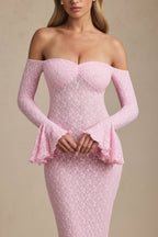 Off-Shoulder Ruffle Lace Maxi Dress in Soft Pink